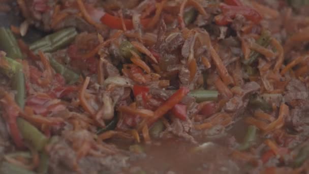 Mezcla de verduras y carne cortada se agita y se guisa en salsa líquida hirviendo — Vídeo de stock