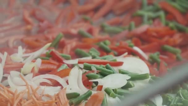 Змішані барвисті овочі і варене м'ясо перемішують і тушкують у великій сковороді . — стокове відео