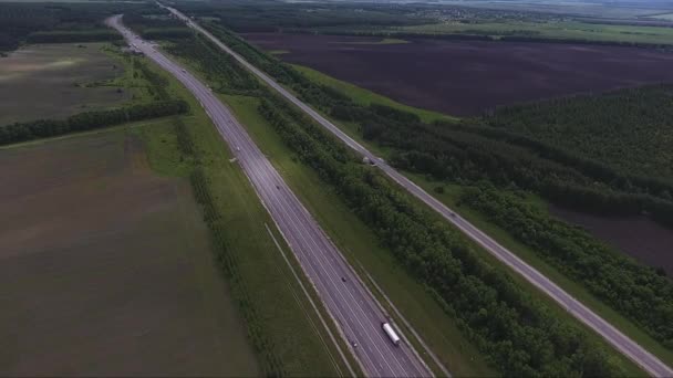 長い広い道路、車、農村地域における大きな緑の野原の魅惑的な風景 — ストック動画