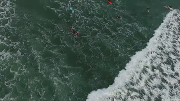 Bovenaanzicht op groene oceaanoppervlak bij surfers, kleine en grote golven te rijden. — Stockvideo