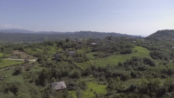 Drone-camera toont landschap van mooie vallei met bomen, struiken en groene heuvels. — Stockvideo