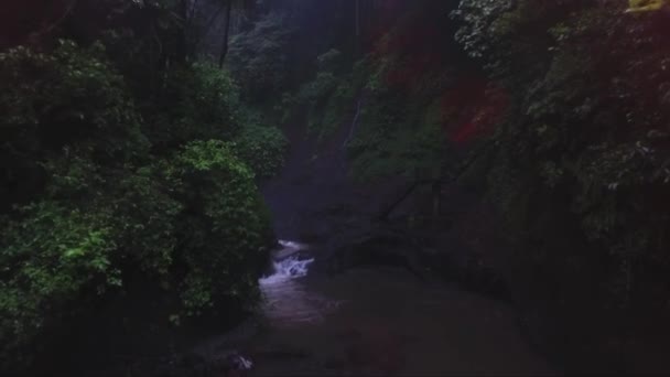 Landschap van stromend riviertje vanaf heuvel omgeven door schaduw bomen en struiken — Stockvideo