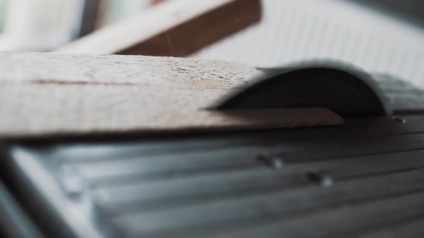 Mesa metálica gris con sierra circular que corta tablón de madera en estudio de luz natural . — Vídeos de Stock