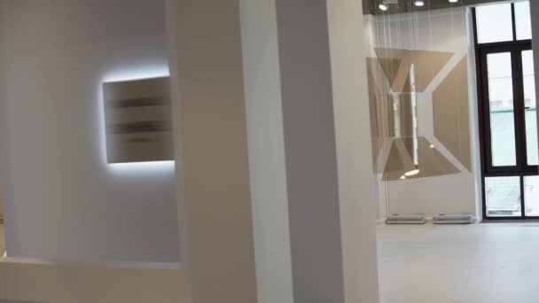 Instalações vítreas penduradas com cordas brancas são apresentadas no museu de arte moderna — Vídeo de Stock