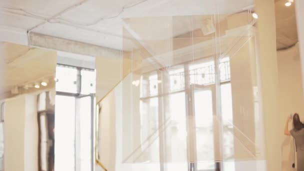 Big cute glass installations hanging with white cords presented at light hall. — Stock Footage Big cute glass installations hanging with white cords presented at light hall. Royalty Free Stock Video