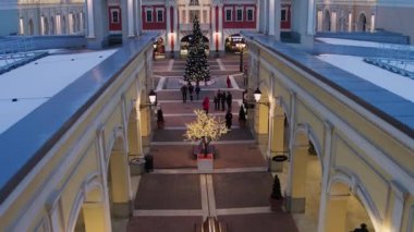 Işık sokak ile süslenen çam ağacı, aydınlatılmış binalar ve