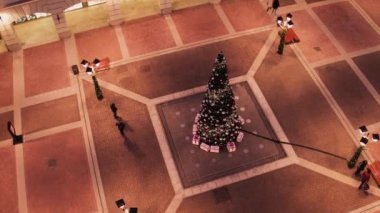 Süslemeleri ile aydınlatılmış çam ağacı ile şirin küçük kare