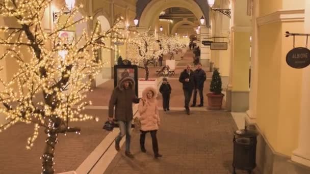 A kivilágított fák és tároló épületek bevásárlóközpont — Stock videók