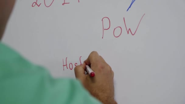 L'homme dessine avec des marqueurs de couleur cycle appartient au processus bitcluster sur le tableau blanc — Video