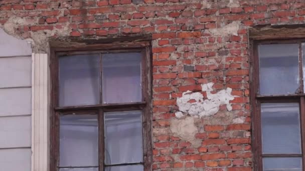 Antigua fachada de la casa con pared de ladrillo y un par de ventanas a la luz del día . — Vídeos de Stock