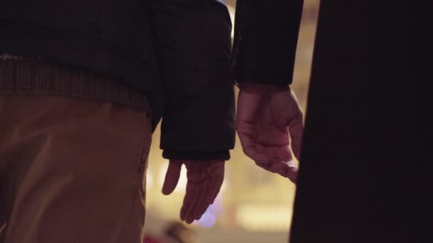Двое ЛГБТ-мужчин стоят снаружи на холодной зимней улице и держатся за руки — стоковое видео