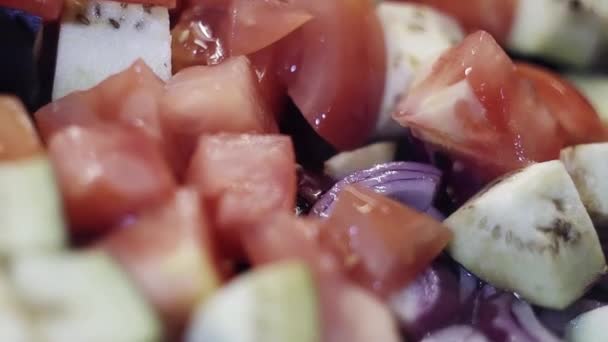 Macro view of cut vegetables: tomatoes, onions and eggplants are being fried — Stock Video