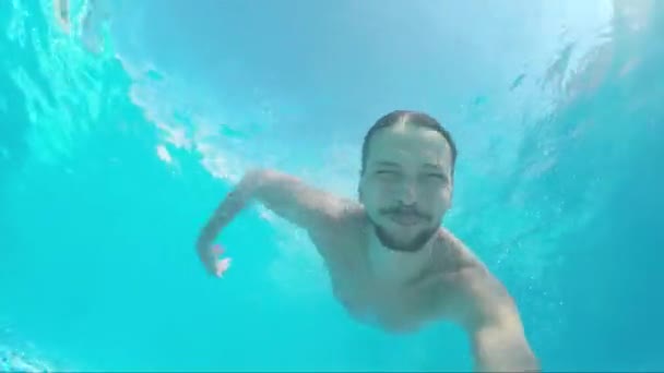 成熟したあごひげの素敵な男は、スイミングプールで青い水の下で泳いでいます — ストック動画