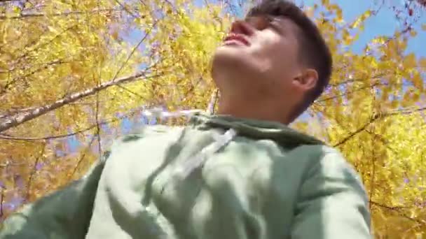 Красивый парень гуляет под деревьями с желтыми листьями в лесу осенью — стоковое видео