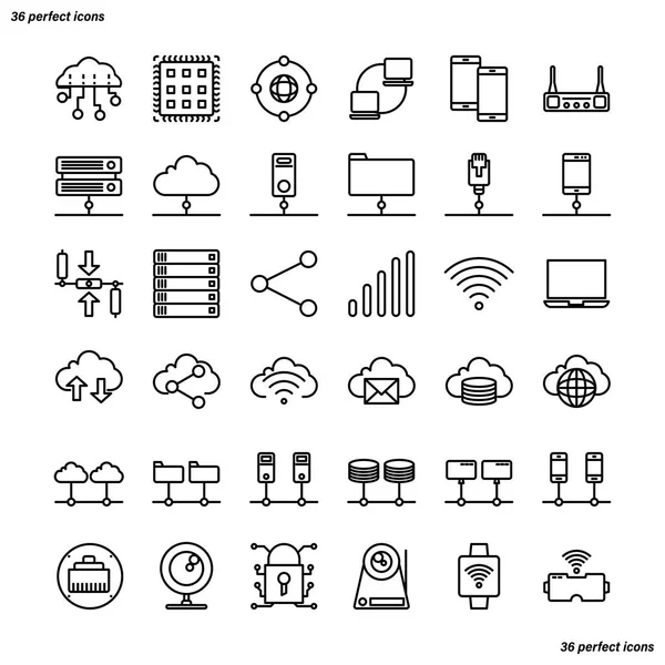 Computer Networks and Database Outline Icons perfect pixel. — Stock Vector