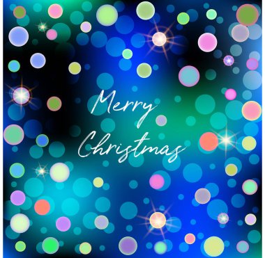 Mavi arkaplanda kaligrafik yazı bulunan rastgele, kaotik ve dağınık dairelerle mutlu noel çizimleri.
