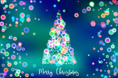 Bokeh renkli ışıklarda soyut yeni yıl ağacıyla Mutlu Noel vektör çizimleri.