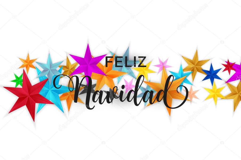 Feliz Navidad Merry Christmas spanish typography. Christmas vector card with bright colorful stars on white background.