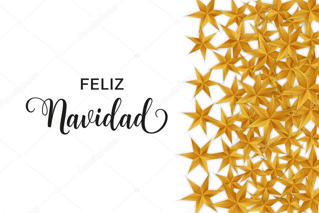 Feliz Navidad Merry Christmas spanish typography. Christmas vector card with golden stars and space for text on white background.