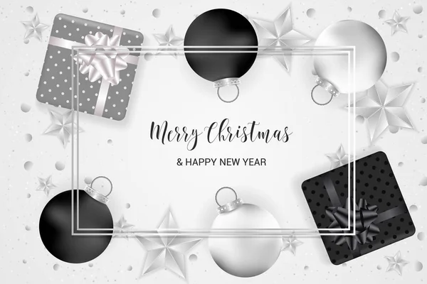 Christmas Card Realistic Gift Boxes Stars Balls Confetti Golden Black — Stock Vector