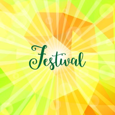 Parlak renkli, şenlikli arka plan, üçgenler, ışınlar ve bokeh ışıkları. Festival metni.