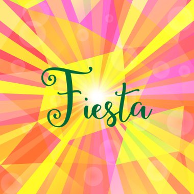 Parlak renkli, şenlikli arka plan, üçgenler, ışınlar ve bokeh ışıkları. Fiesta İspanyolca metin.