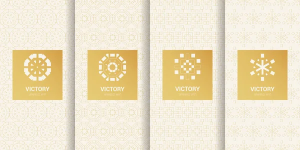 黄金の装飾が施された白い背景のコレクション ラベル アイコン シームレスなパターンのセット パッケージ用高級箔付きテンプレート — ストックベクタ