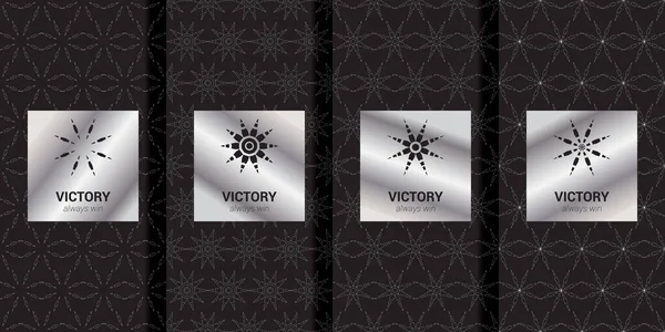 シルバー装飾と黒の背景のコレクション ラベル アイコン シームレスなパターンのセット パッケージ用高級箔付きテンプレート — ストックベクタ
