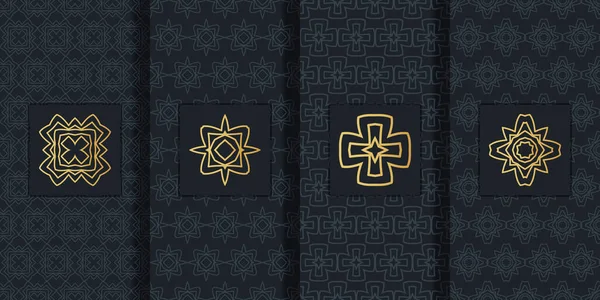 黒の背景と黄金の要素のコレクション ラベル アイコン シームレスなパターンのセット パッケージ用高級箔付きテンプレート — ストックベクタ