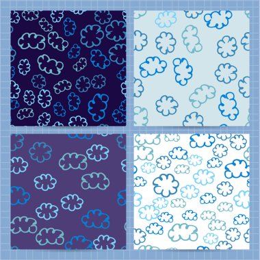 Soyut bulutlar, el çizimi, mürekkep arkaplan çizimleri olan, kusursuz desenli kare kartlar. Basit, minimal tasarım. İlan, kart, broşür, kapak, tekstil için vektör iş şablonları.