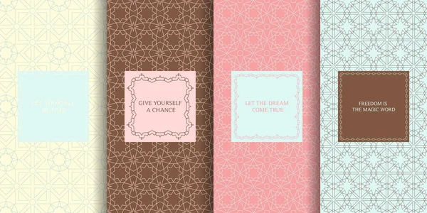 Bir dizi kusursuz desen. Vektör geçmişlerinin toplanması. Soyut geometrik tasarım. Dekoratif çerçeveler. Kahverengi, mavi, pembe renkler.