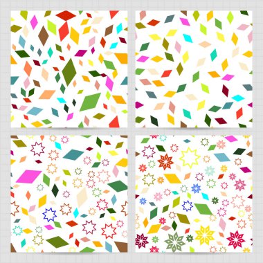 Rastgele soyut renkli elementlerle kusursuz desenli kare kartlar. Parlak renkler arka plan. İlan, kart, broşür, kapak, tekstil için vektör iş şablonları.