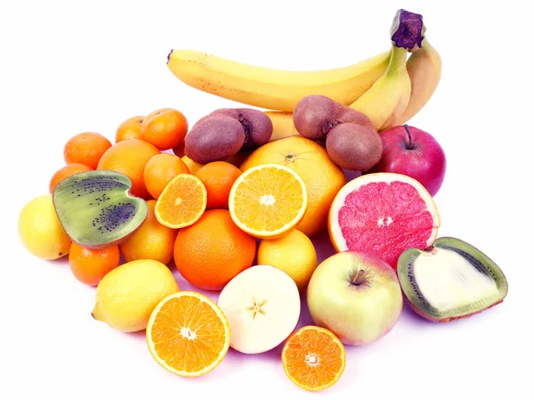 Διαφορετικά Φρούτα Ολόκληρα Και Τεμαχισμένα Άσπρο Φόντο — Φωτογραφία Αρχείου