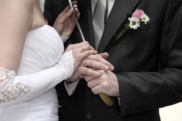 Bride Groom Together Holding Umbrella Close — Stock Photo, Image