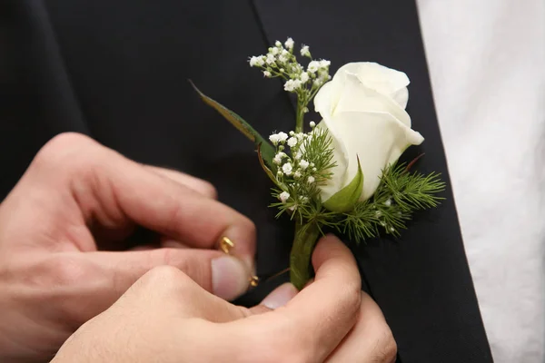 Hjälpa Brudgummen Att Fästa Bröllop Blomma Som Passar — Stockfoto