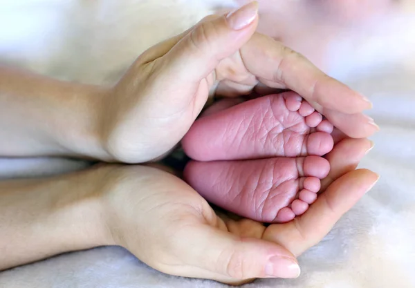 Mamá Sostiene Sus Manos Los Pies Bebé Recién Nacido — Foto de Stock