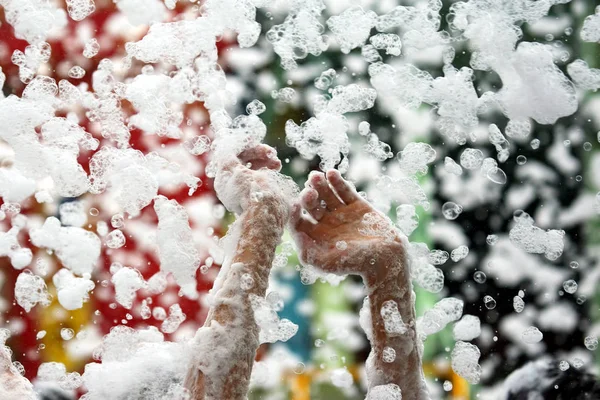 Raised Hands Man Foam Disco — Stock Photo, Image