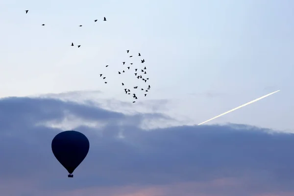 Balloons People Flying Background Flock Birds Dawn Sky Cappadocia — Stock Photo, Image