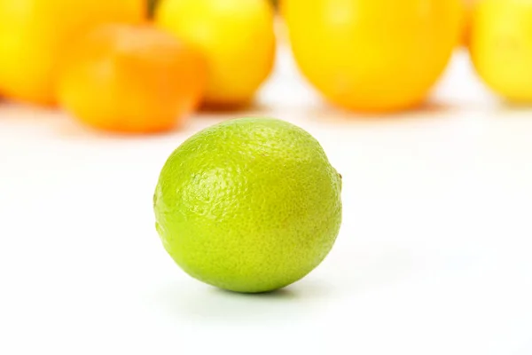 Zielone Cytryny Tle Różnych Owoców Cytrusowych Białym Tle — Zdjęcie stockowe