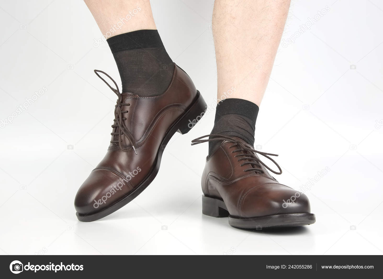 Male Legs Socks Brown Classic Shoes White Background Stock Photo