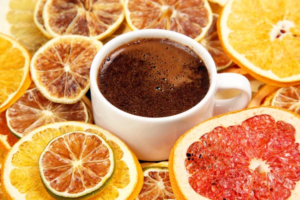 Black Coffee White Cup Surrounded Citrus Dried Fruits — Stock Photo, Image