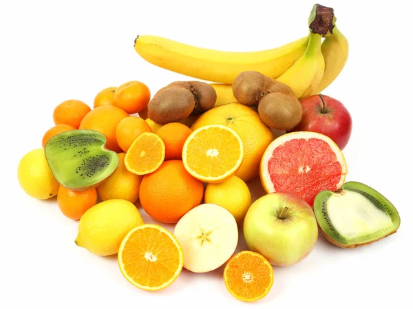 Frutas Diferentes Enteras Cortadas Rodajas Sobre Fondo Blanco — Foto de Stock