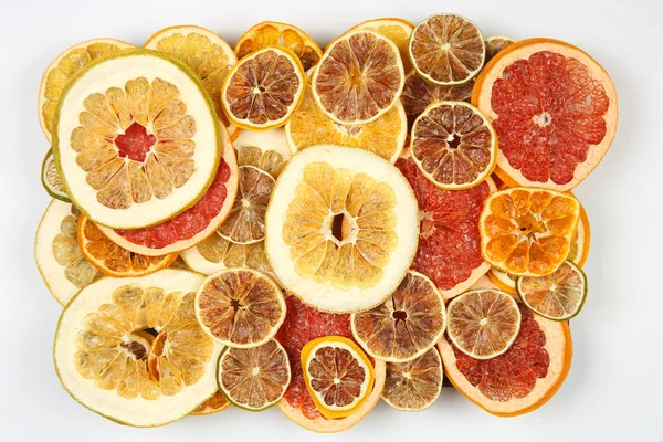 Dried Slices Various Citrus Fruits White Background — Stock Photo, Image