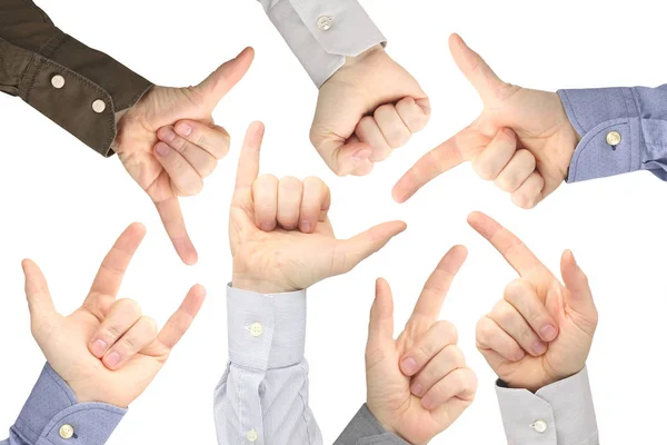 Various gestures of male hands between each other on a white bac — Stock Photo, Image