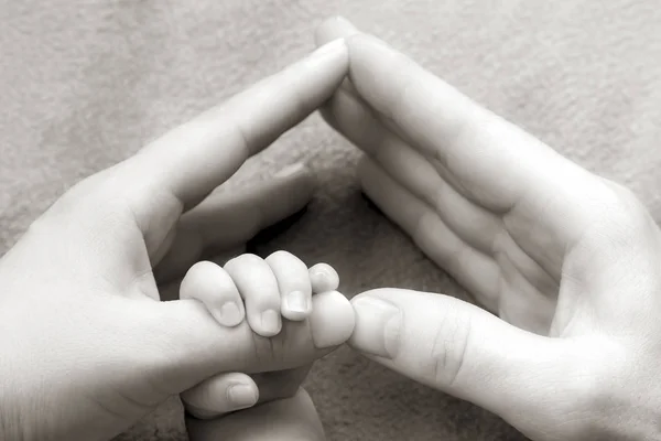 Новорожденный ребенок держит руку на руках родителей — стоковое фото