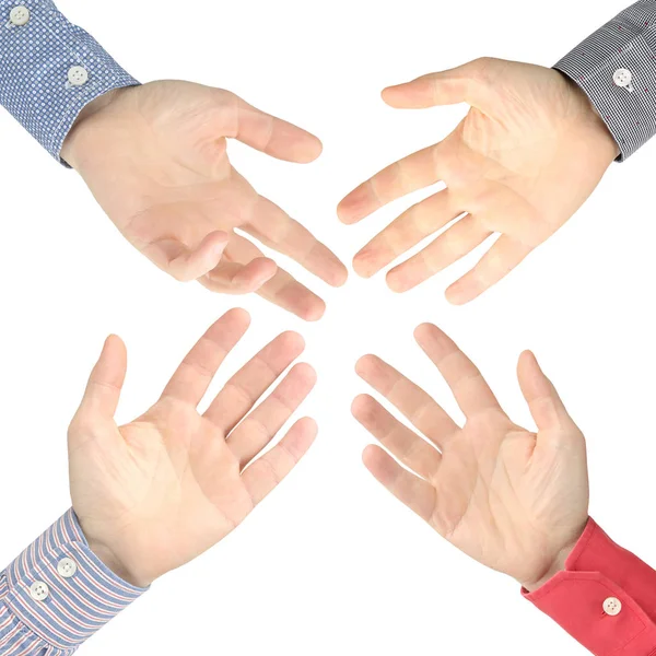 Four male hands stretched out to each other on a white backgroun — Stock Photo, Image