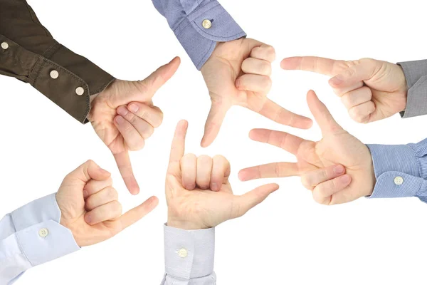 Various gestures of male hands between each other on a white bac — Stock Photo, Image