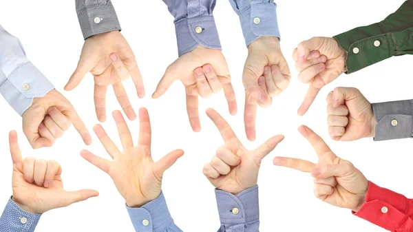 Various gestures of male hands between each other on a white bac — Stock Photo, Image