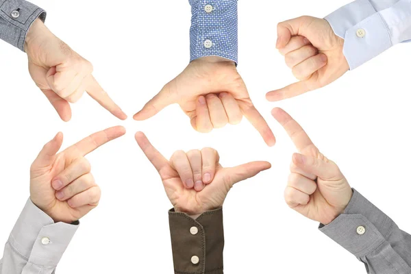 Verschiedene Gesten männlicher Hände untereinander auf einem weißen Bac — Stockfoto