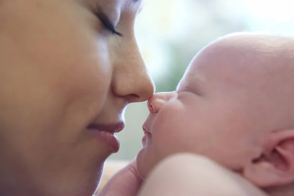 mom touches her nose on the nose of a sleeping newborn baby clos